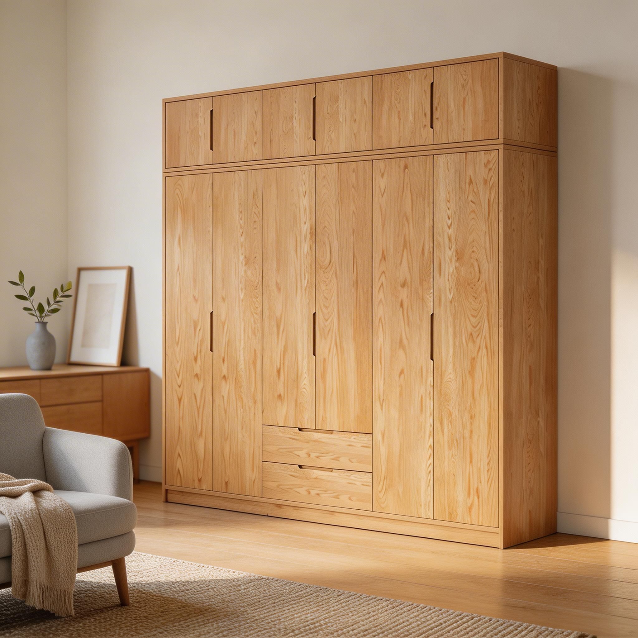 Modern Natural Wood Wardrobe Armoire with Sliding Doors, Drawers, and Shelves - image 16