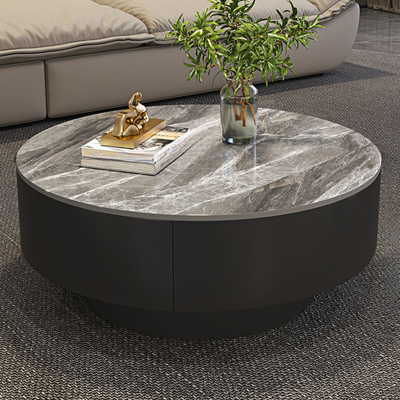 Single/Nesting Round Slate Coffee Table with Drum Base and Drawer