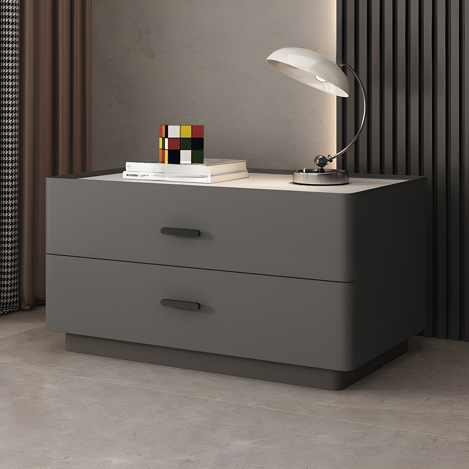 Elegant Two-Drawer Faux Leather Nightstand with Stone Countertop in Low Height for Modern Homes - image 3