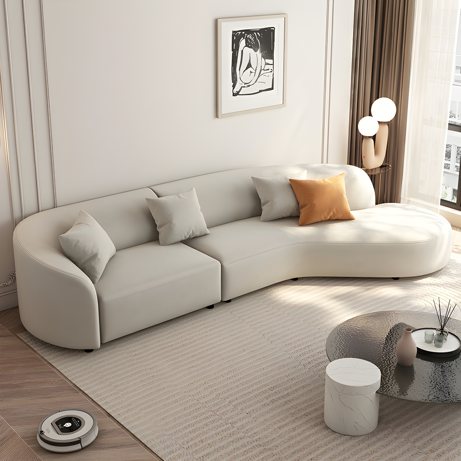 Modern Beige Tech Cloth Stationary Sectional Sofa with Wood Frame and Flared Arms - image 11
