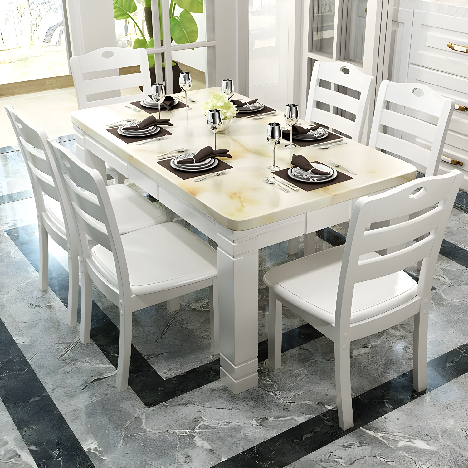 7 Piece Contemporary Rectangle Shape Dining Table Set with Chair - image 4