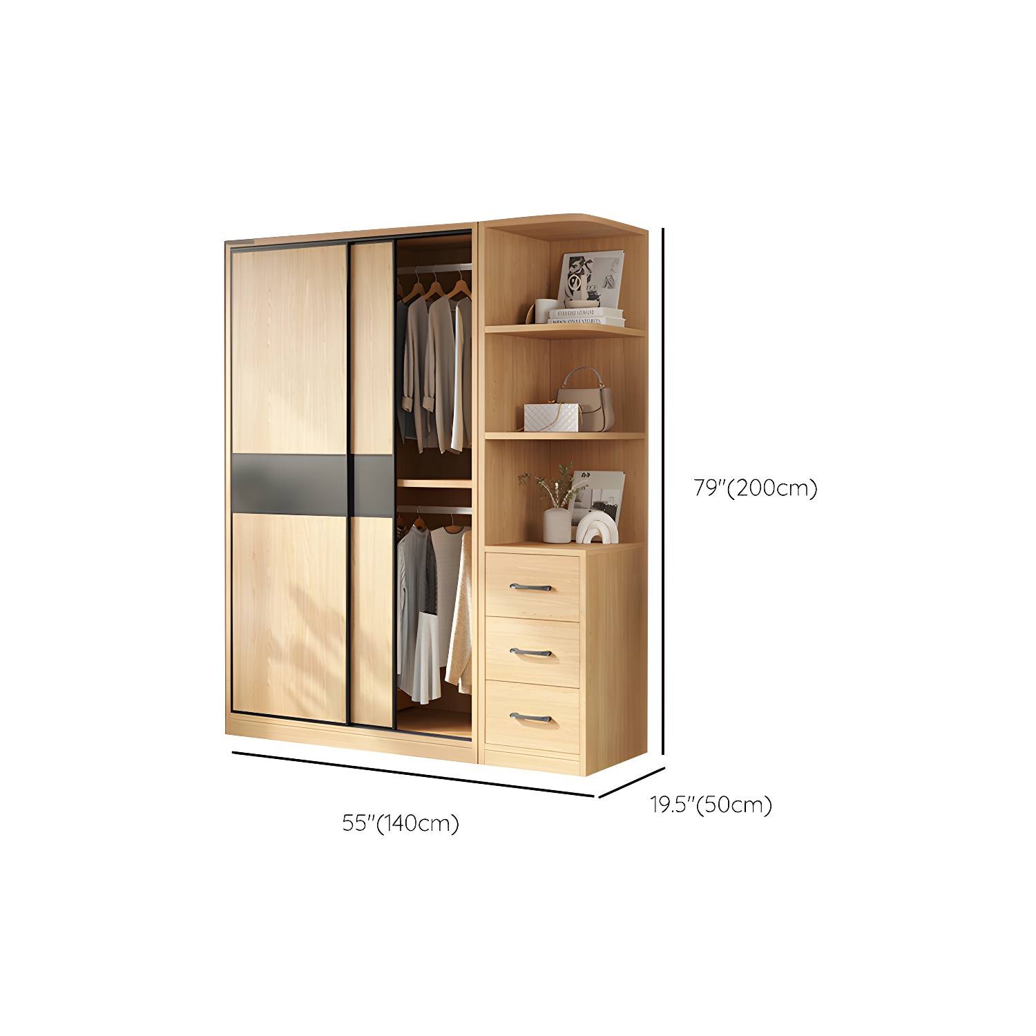 Light Wood Wardrobe Armoire with Sliding Doors, Clothing Rod, and Soft-Close Drawers - image 17