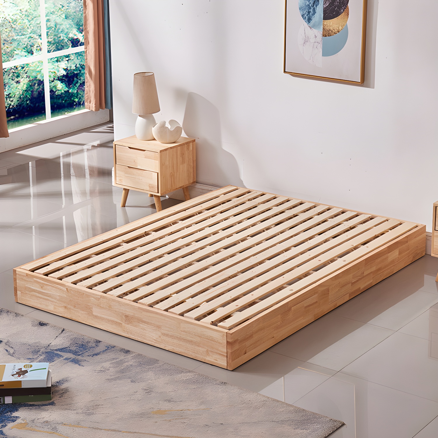 Natural Wood Platform Bed Frame Nordic 7.87-In High Wire-Grid Bed Frame