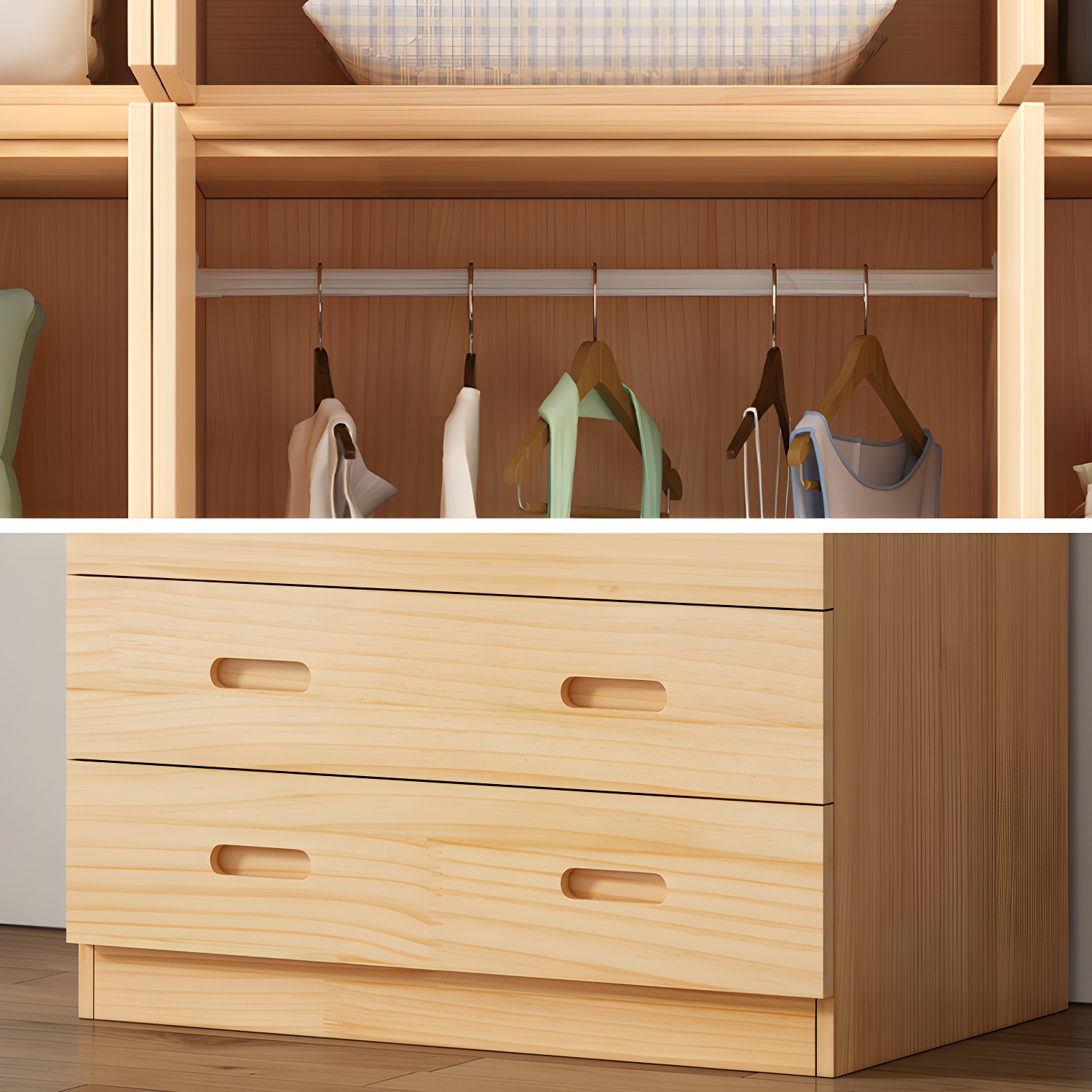 Modern Natural Pine Wardrobe Armoire with Drawers and Clothing Rod - image 6