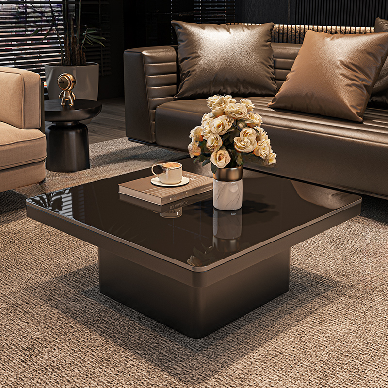 Contemporary Design Transparent Glass Single Board Game Coffee Table with Plinth Base in Midnight Black, Square Top