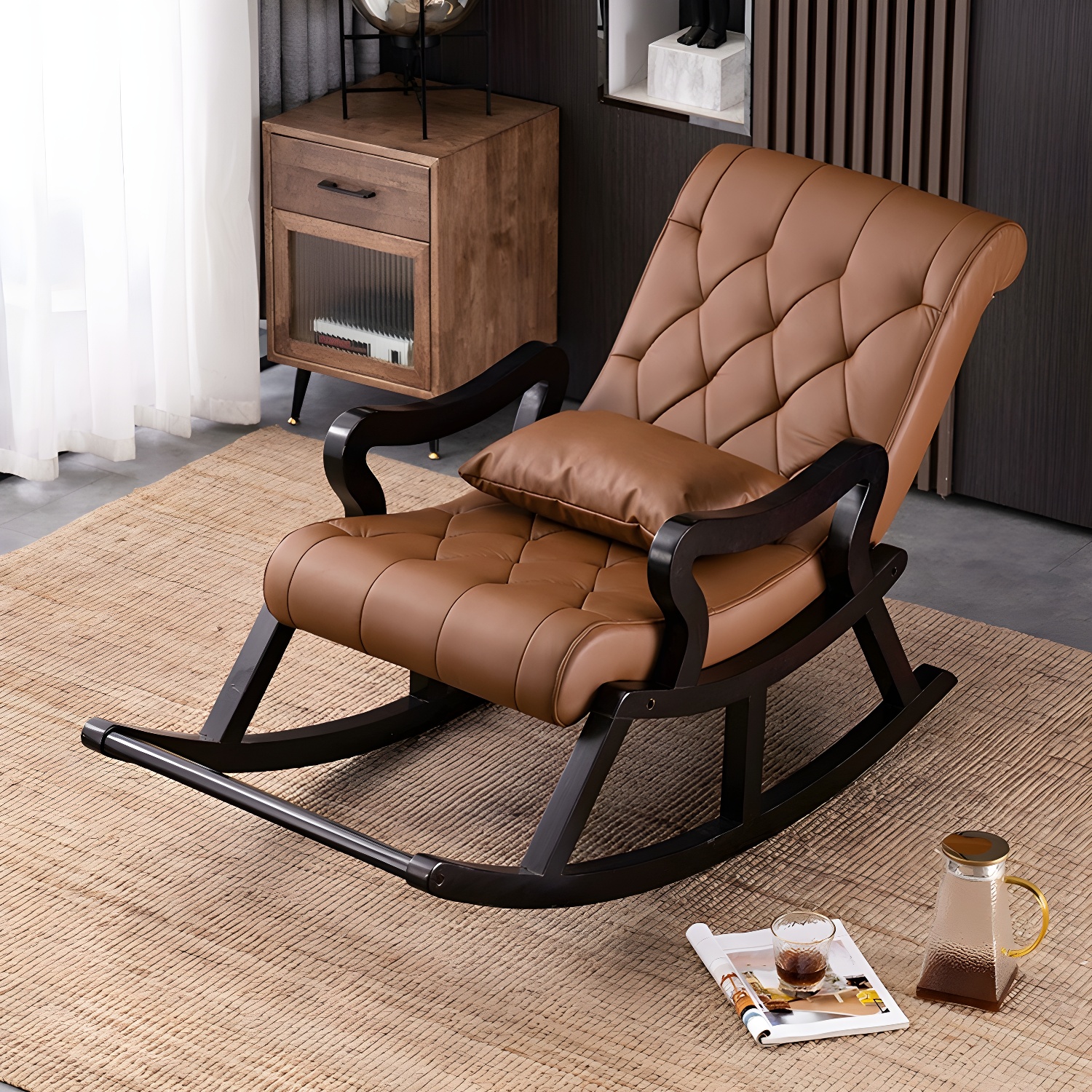 49" Wide Solid Wood Faux Leather Rocking Accent Chair with Legs - image 5