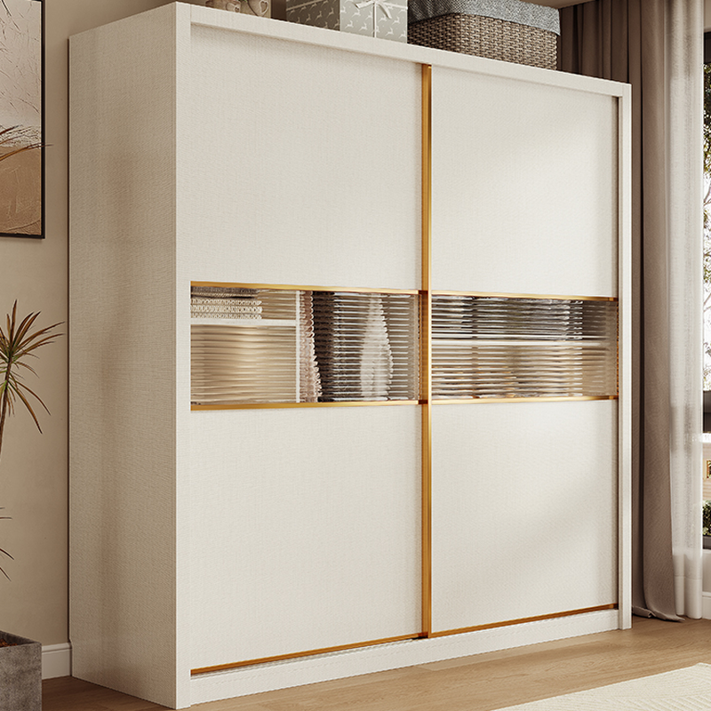 White Minimalist Manufactured Wood Wardrobe Closet with Compartments, Interior Shelves, and Clothing Rod