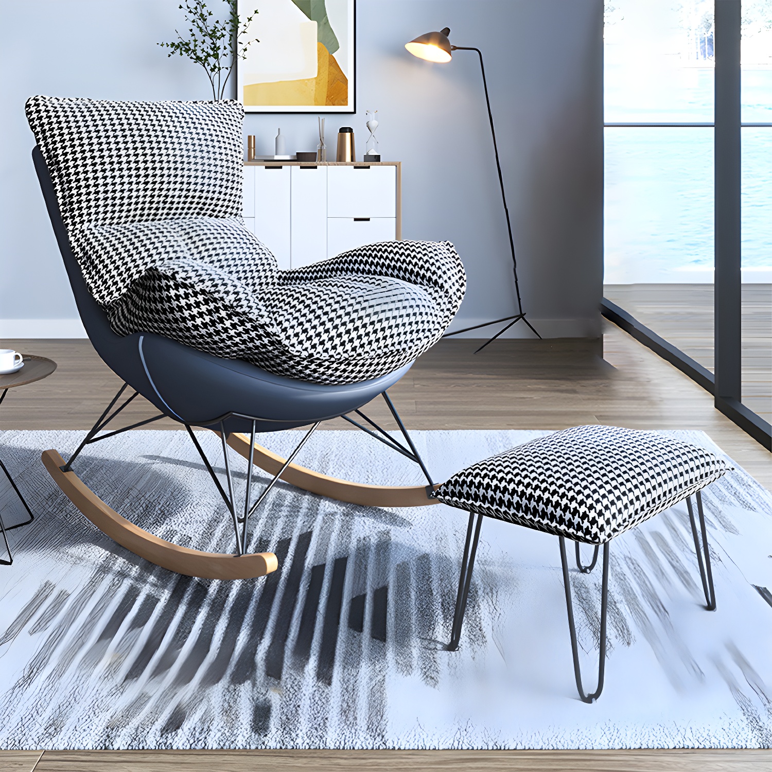 Contemporary Rocker Chair Antique Finish Rocking Chair with Ottoman - image 3