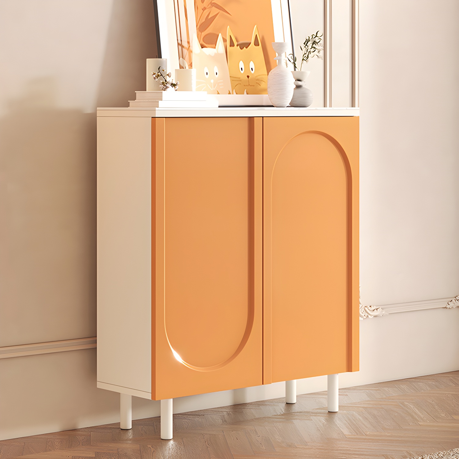 Scandinavian Wood Buffet Sideboard Cabinet with Stone Countertop Shelves Included - image 2