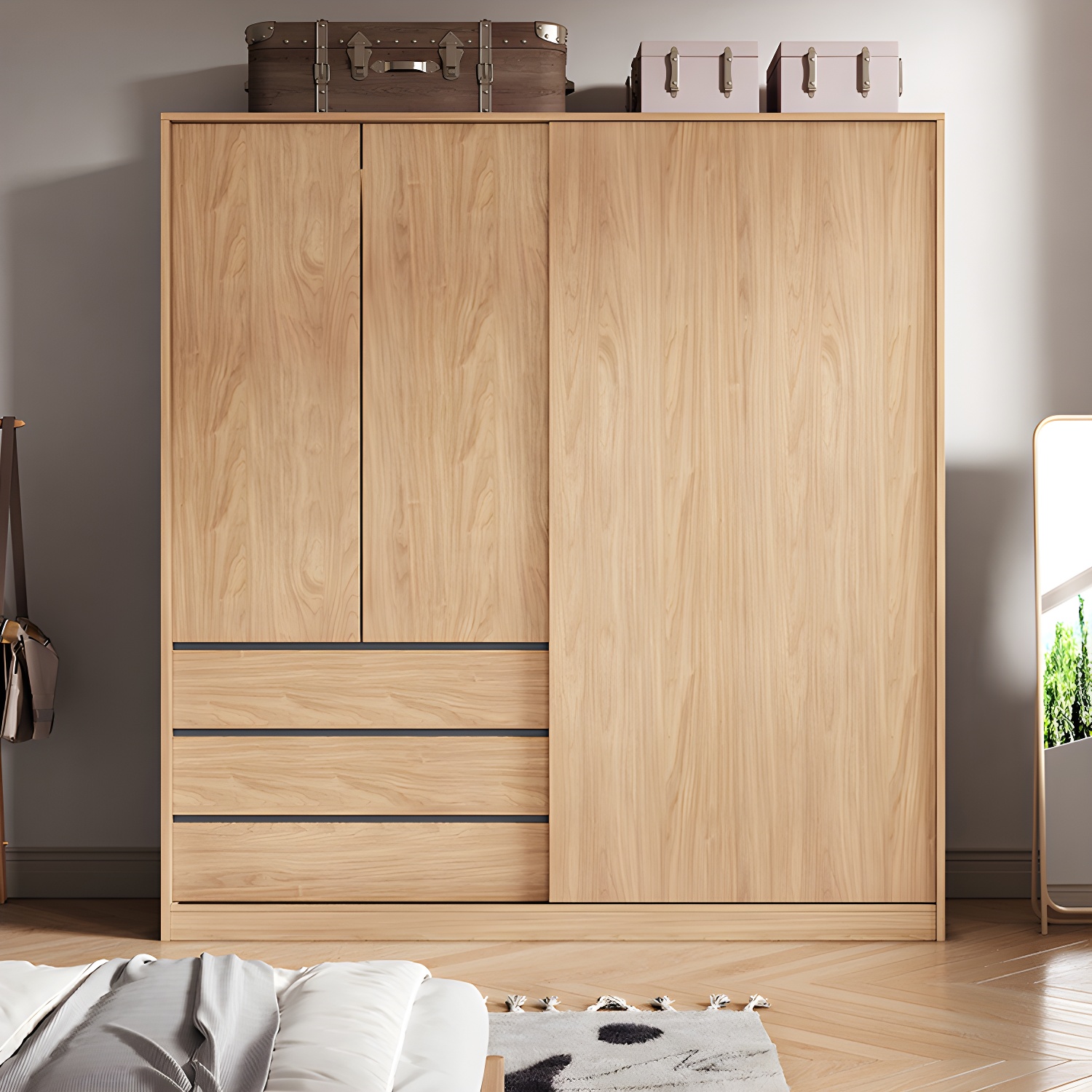 Contemporary Wood Wardrobe Armoire Freestanding Adjustable Shelves Wardrobe with Drawers