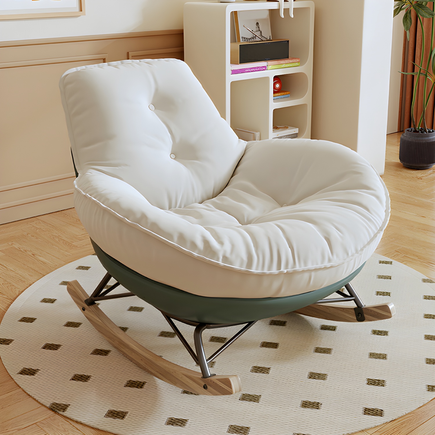 Indoor Contemporary Rocking Chair with Beige Upholstered and Wood Legs