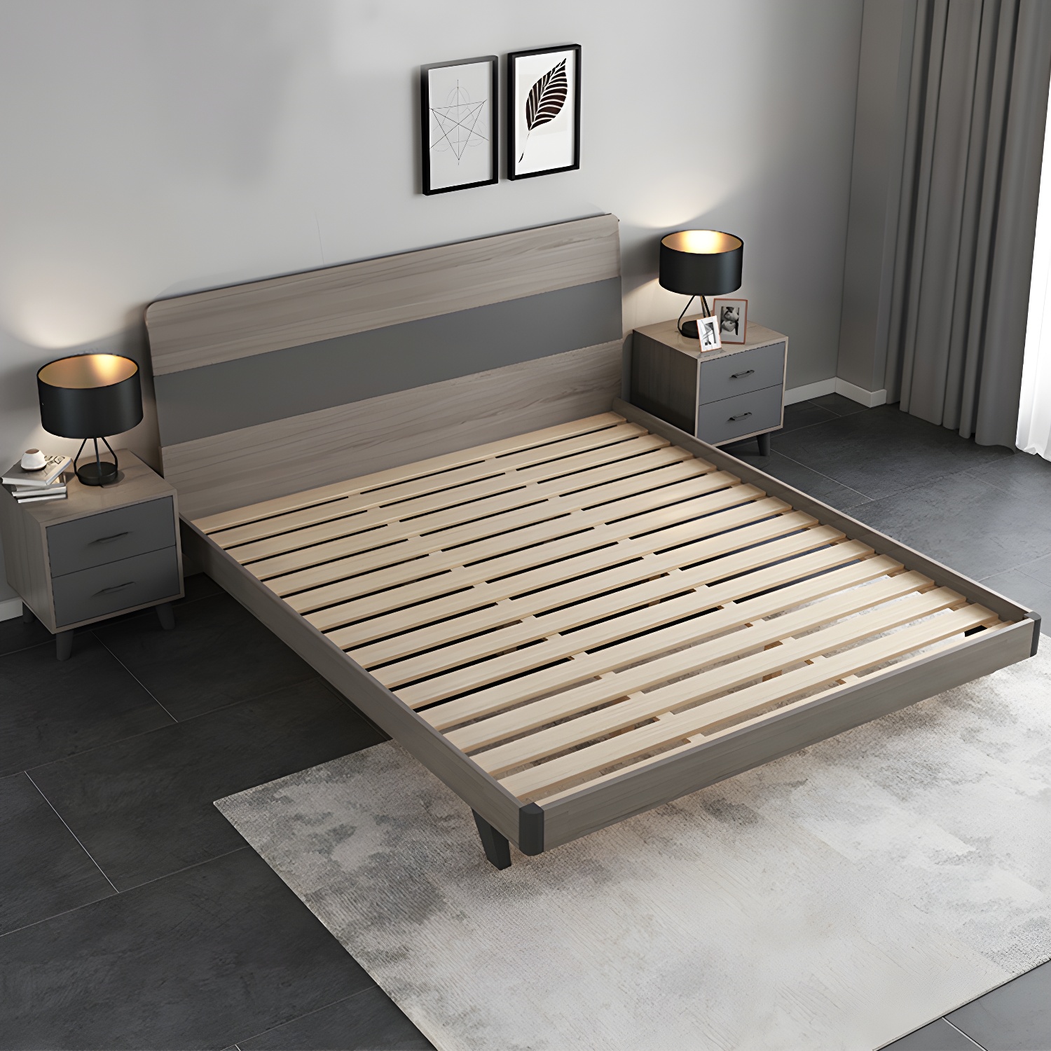 Modern Style Wood Bed with Headboard Low Profile Standard Bed