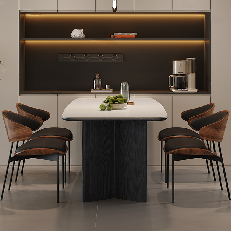 Minimalist Dining Table Set with Two-sided Pedestal, Fixed Table, Padded Chair with Back, and White Table Top