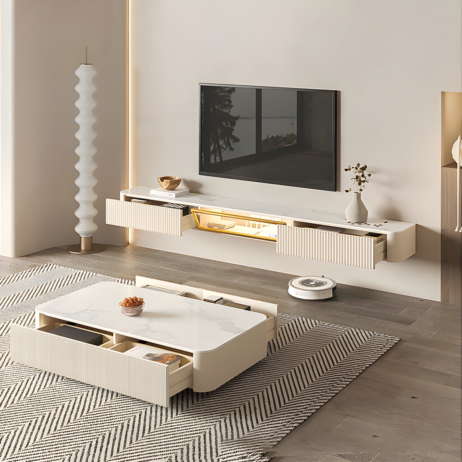 Contemporary TV Media Stand with Drawers Floating TV Stand Console
