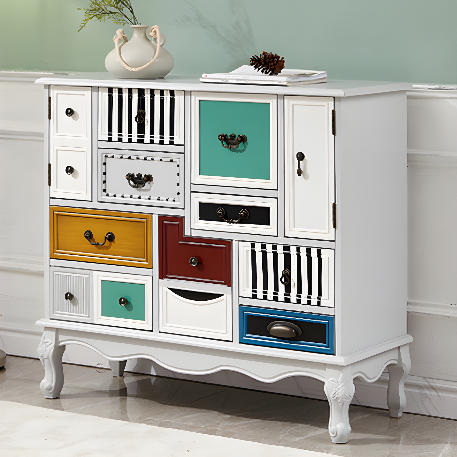 Industrial Painted Accent Cabinet with Drawers Solid Wood Chest - image 15