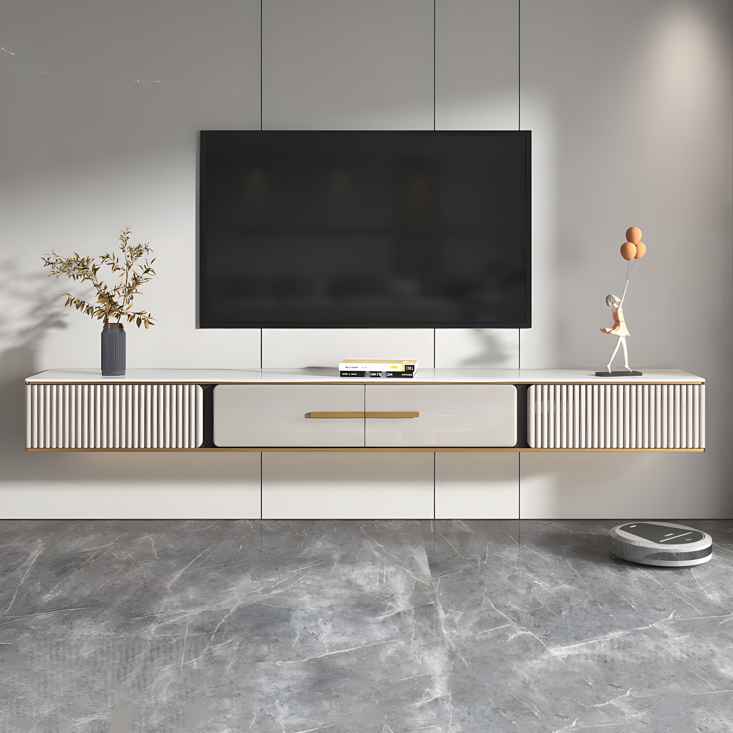 2 Drawers Contemporary TV Stand Stone Wall-mounted TV Cabinet - image 7