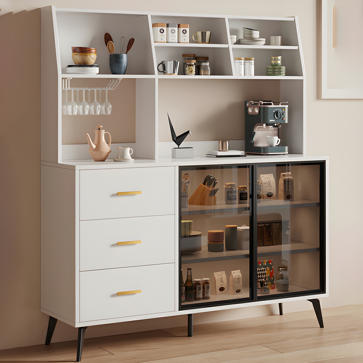 Glass Door Modern Wooden Kitchen Sideboard with Adjustable Shelving - image 10
