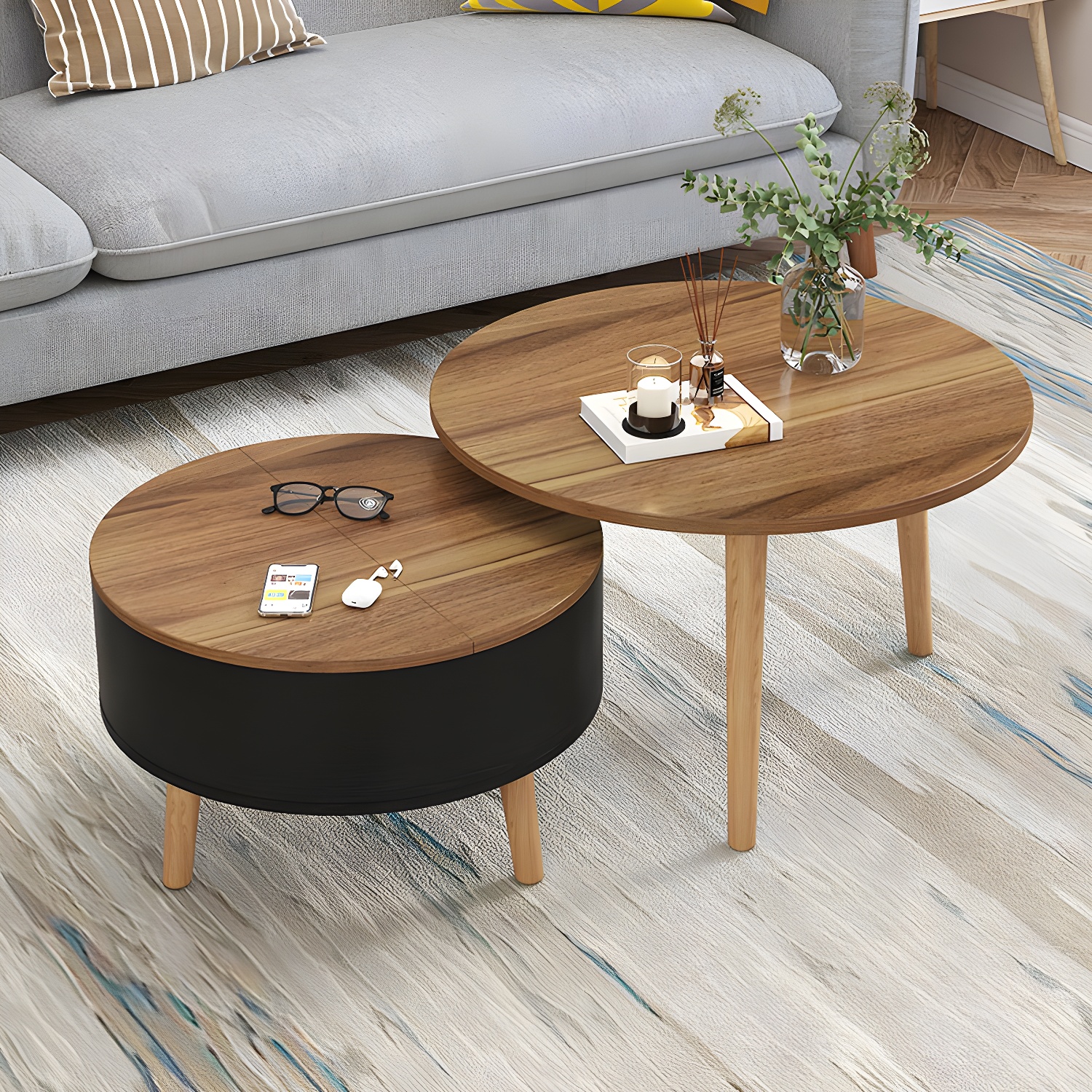 Round Solid Wood 3 Legs Coffee Table with Storage Drawers Modern Cocktail Table - image 3