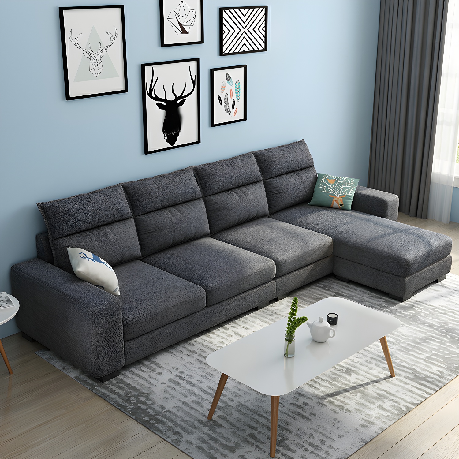 Scandinavian Wood Frame L-Shaped Modular Sofa Chaise in 2 Piece Set with Black Legs