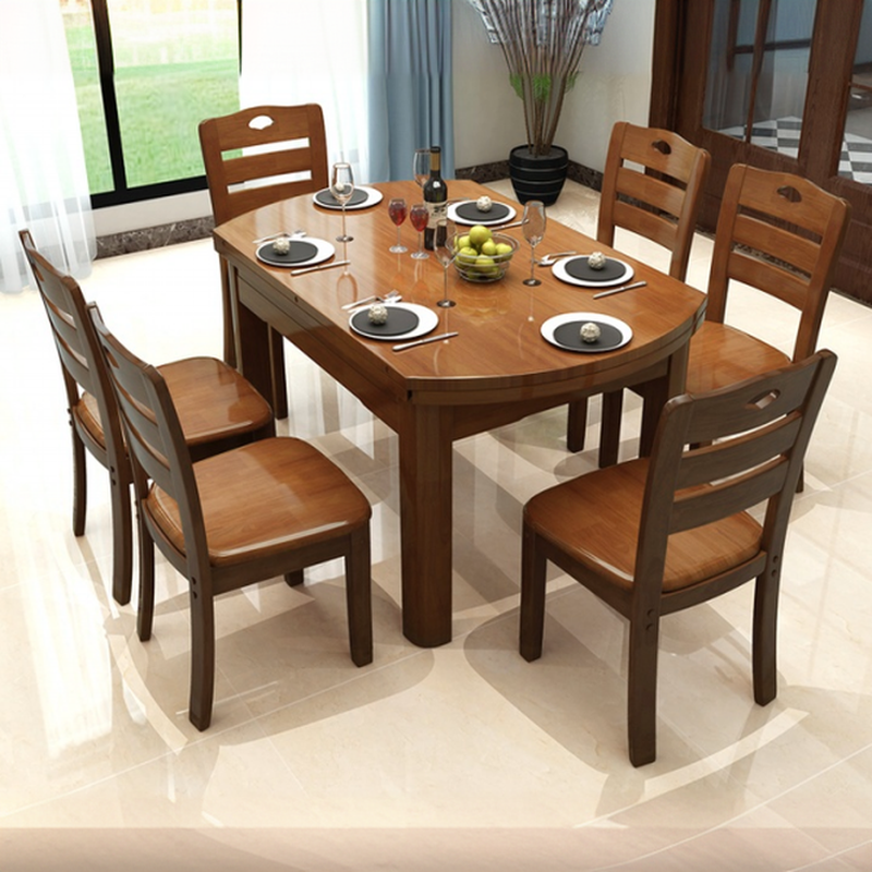 Dining Table Set with Rounded Wood Slab Top, 4 Legs, Drop Leaf, Back Seat, in White/Auburn/Amber Color - image 3