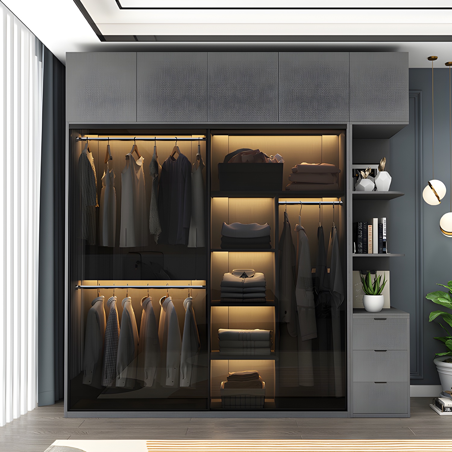 Modern Style Glass Wardrobe Bedroom Wardrobe Closet with 1 Drawer - image 10