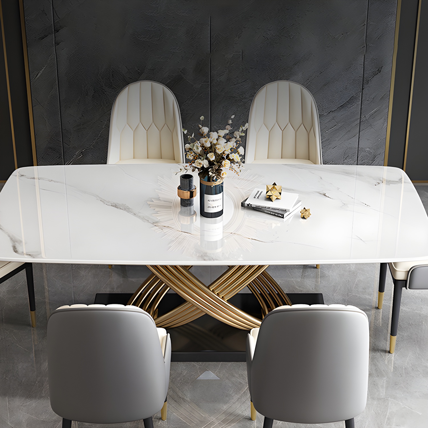 Nordic Glam Rectangle Sintered Stone Table Set 1/4/5/7 Pieces Dining Set - image 10