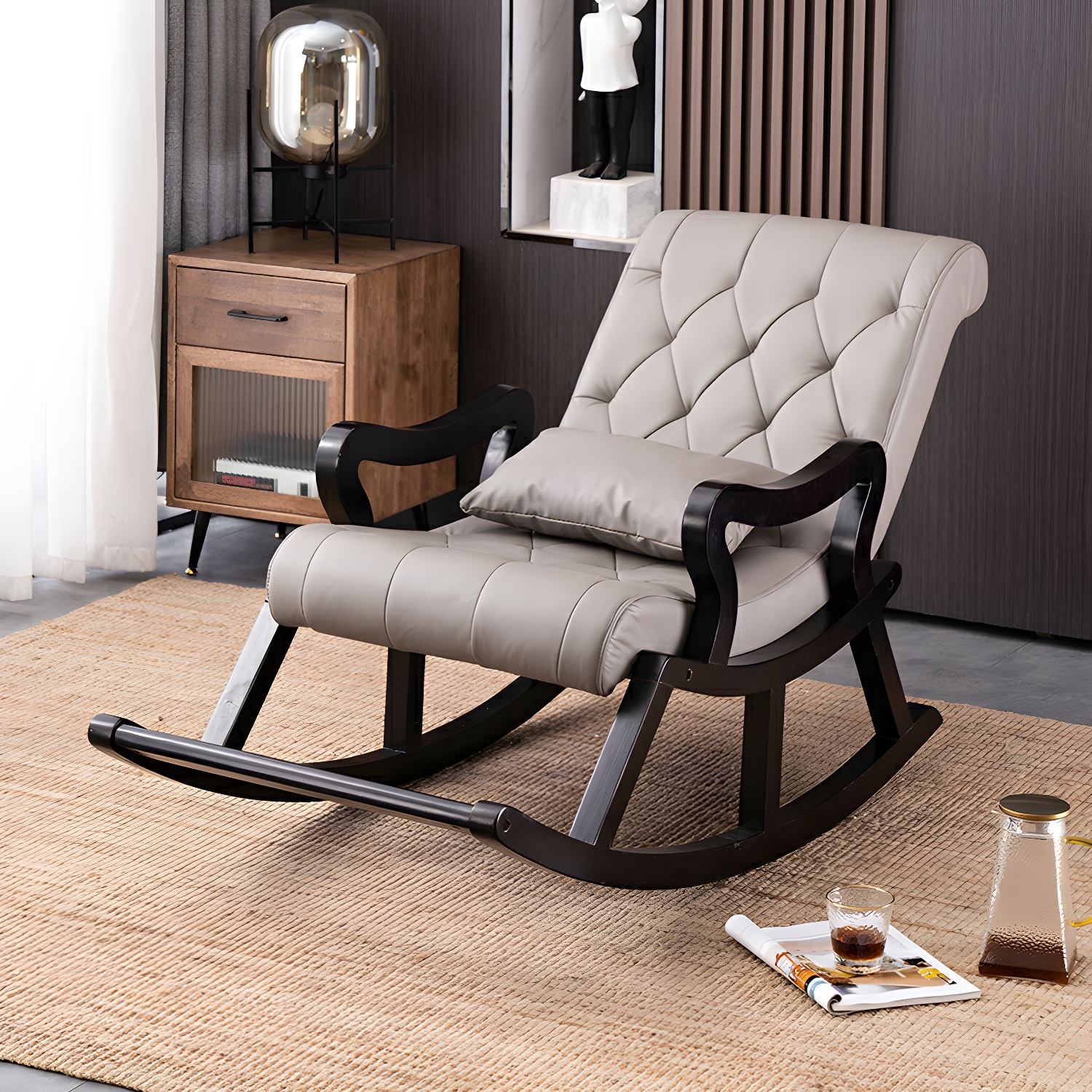 49" Wide Solid Wood Faux Leather Rocking Accent Chair with Legs - image 9