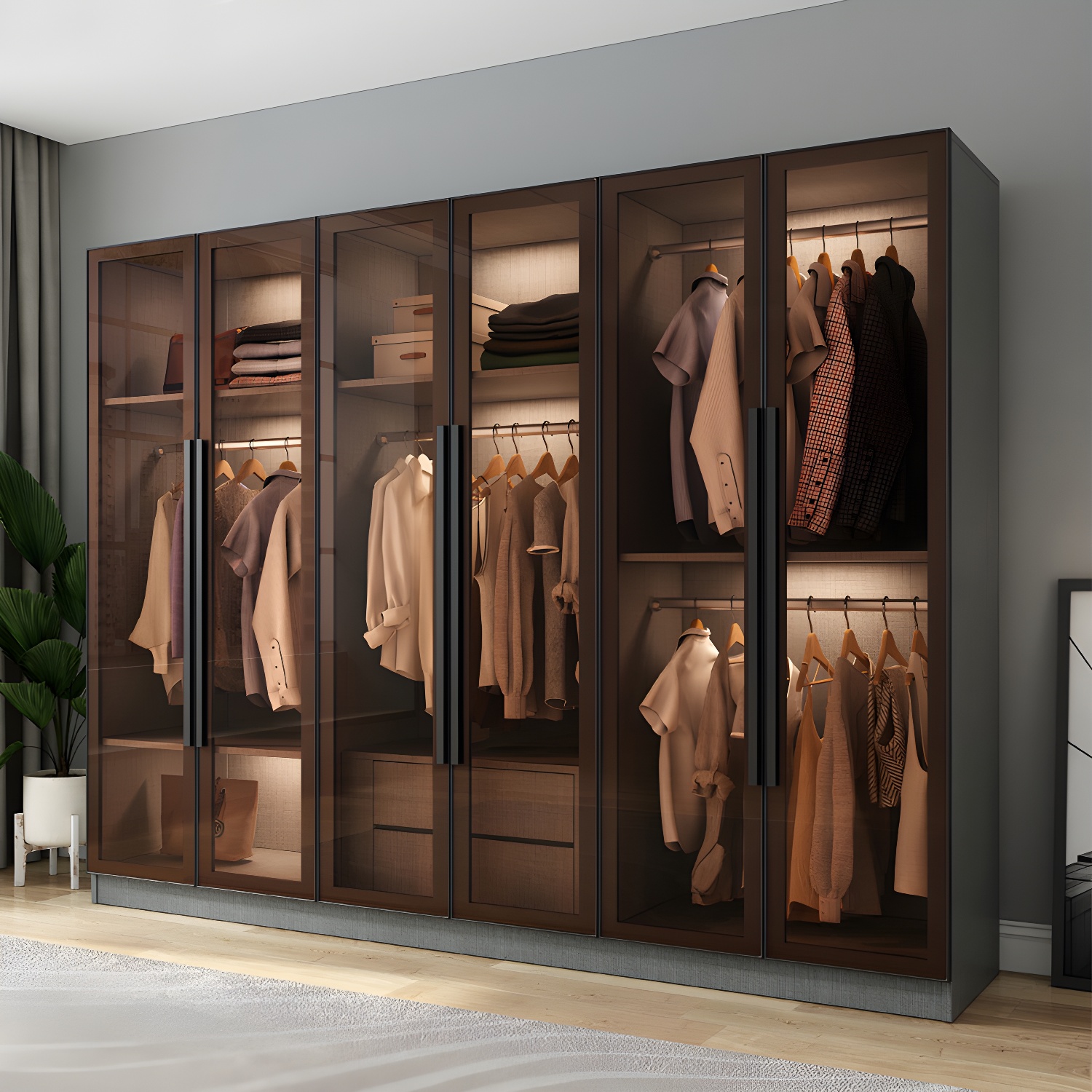 Modern Wardrobe Cabinet Glass and Engineered Wood Wardrobe Closet