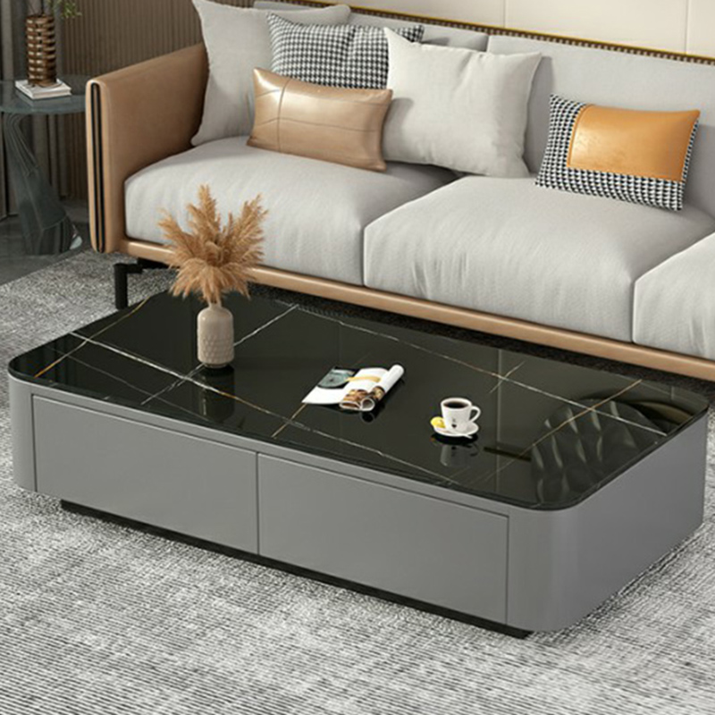 Modern Rectangular Coffee Table with Tempered Glass Top & Black Wood Base