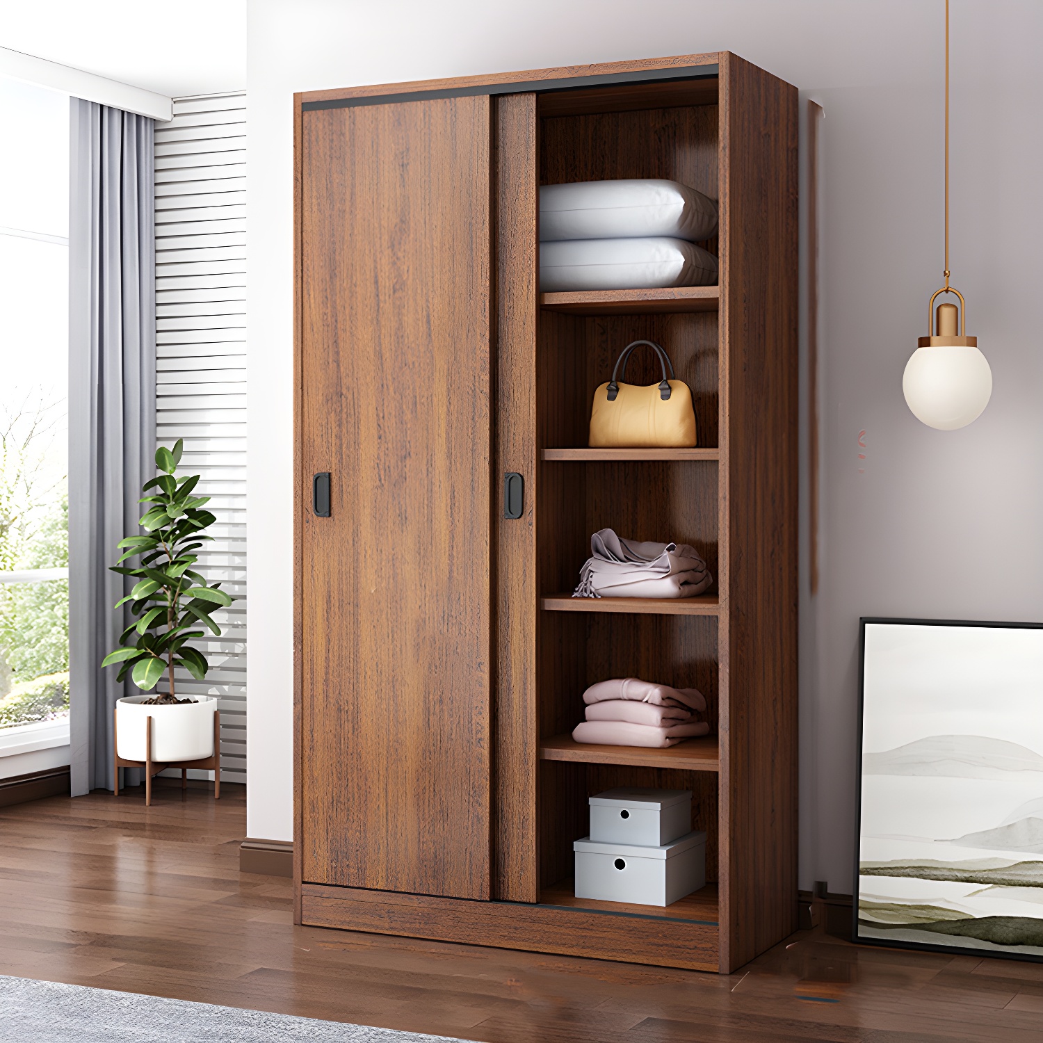 Modern Sliding Doors Wardrobe Wood Frame Freestanding Wardrobe Armoire