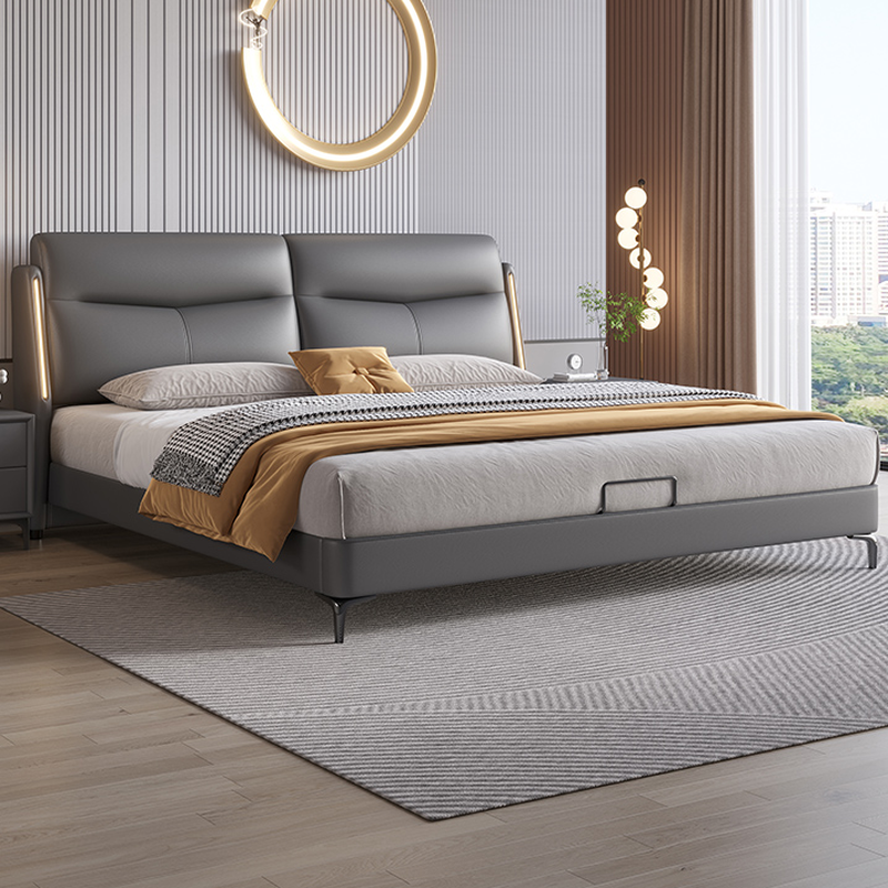 Light Gray Solid Color Storage Bed/Platform Bed with Timber Frame and Illumination Light for Living Room
