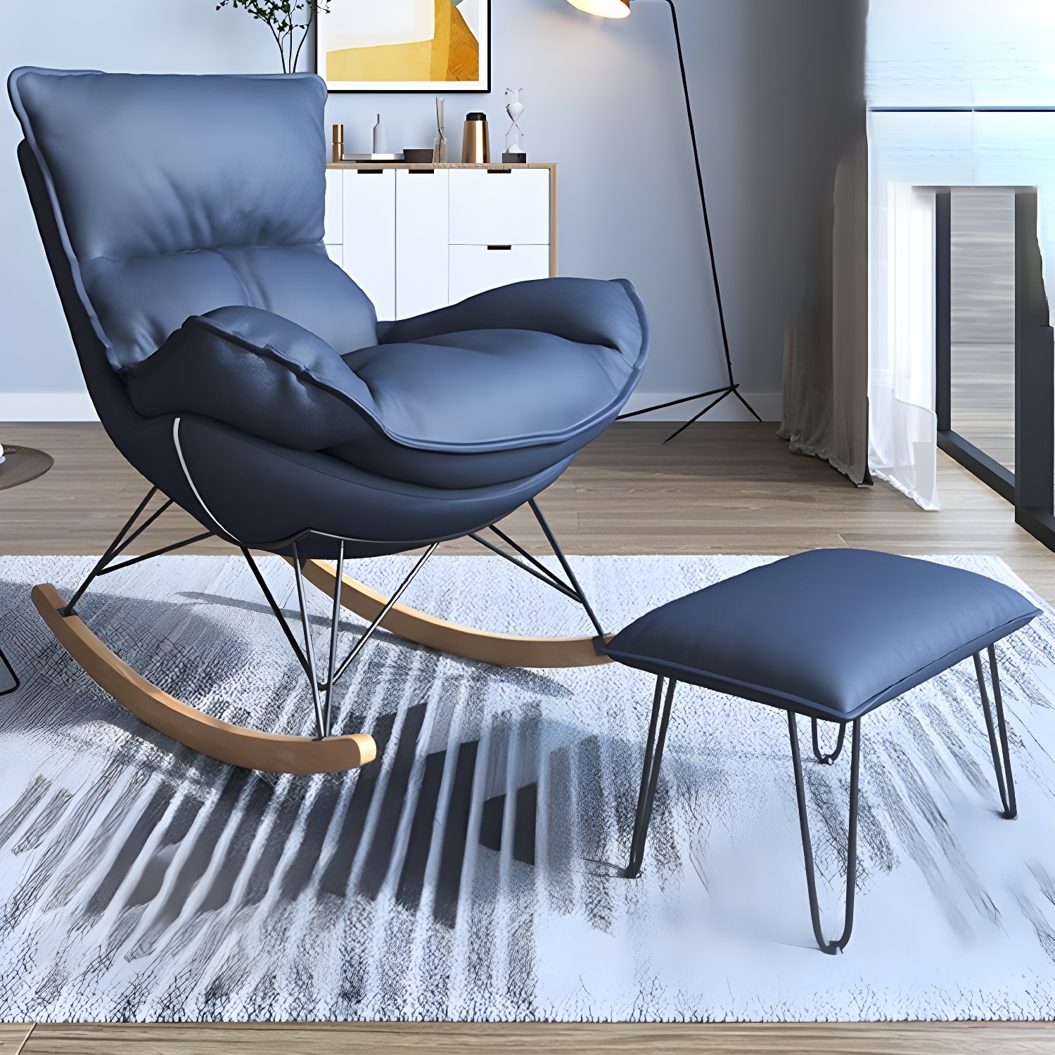 Contemporary Rocking Accent Chair Antique Finish Rocking Chair with Ottoman
