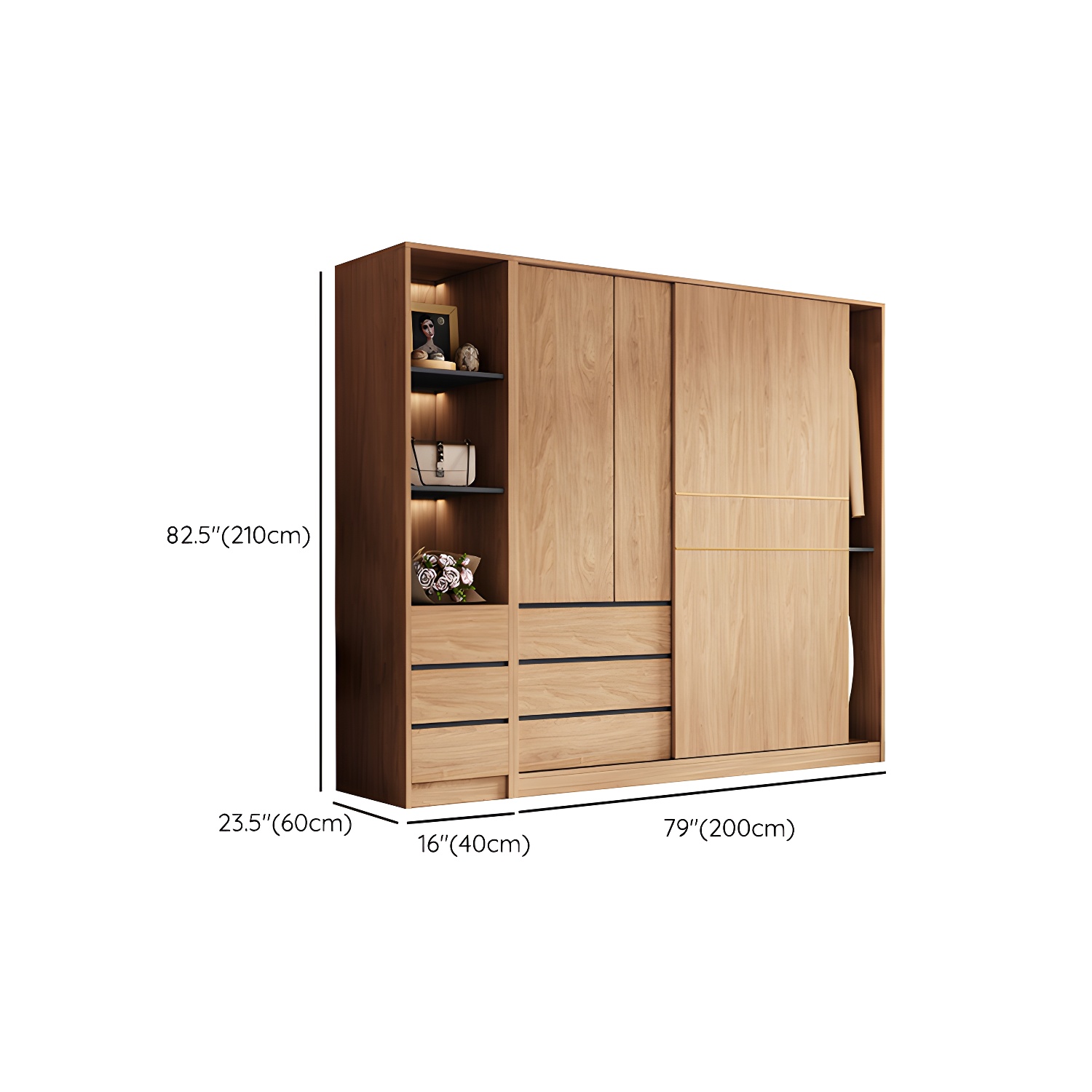 Natural Finish Wardrobe Armoire Sliding Wardrobe Cabinet with Drawer - image 23