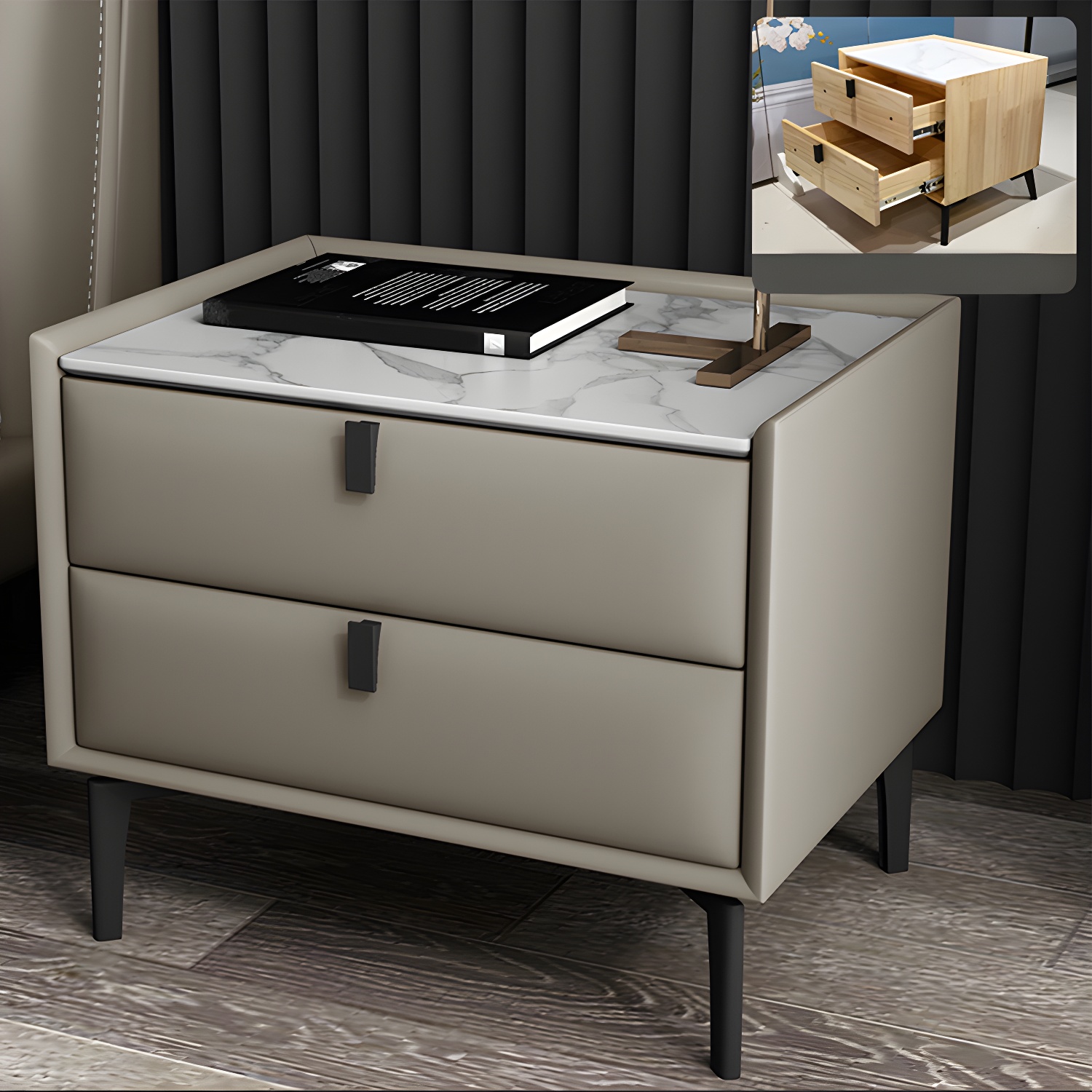 Solid Wood Bedside Table, Modern 2 - Drawer Stone Top Nightstand - image 21