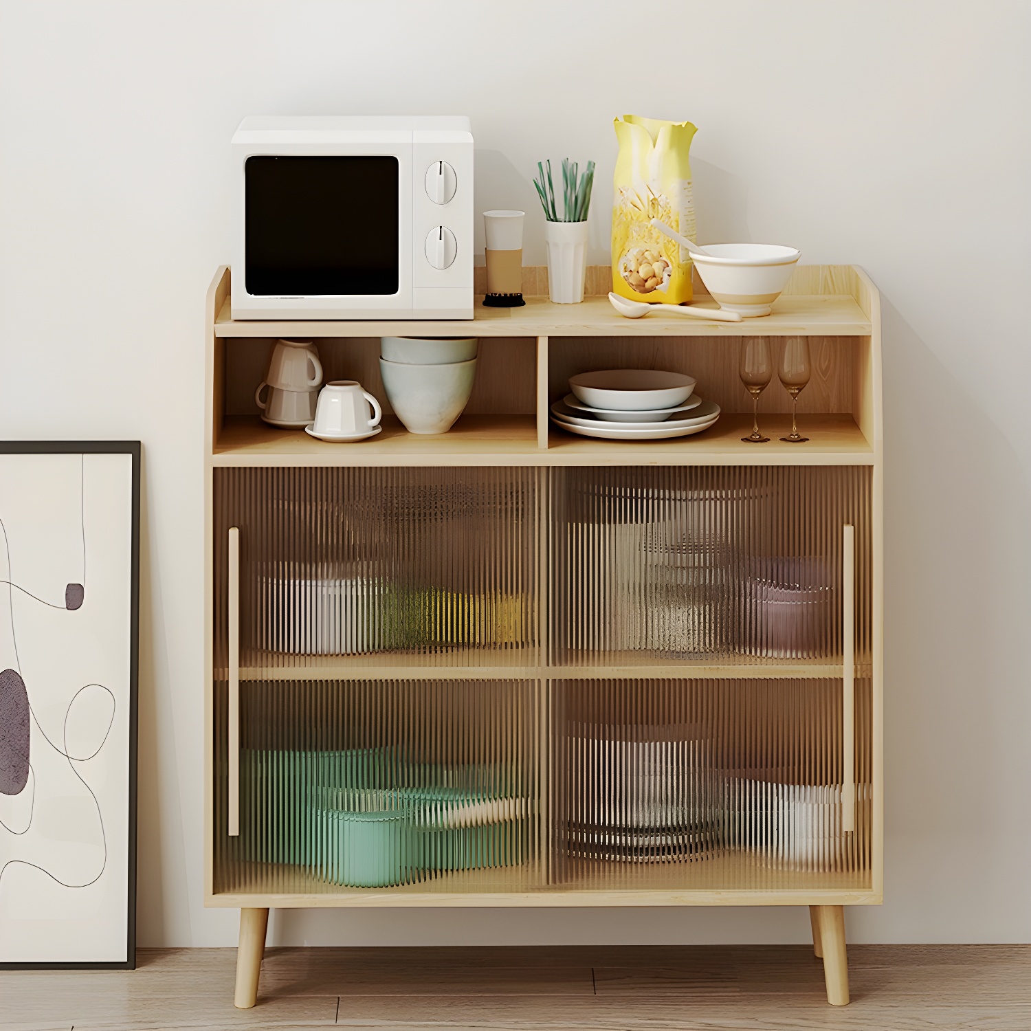 Scandinavian Wood Sideboard Credenza with Acrylic Doors and Cabinet Storage - image 4