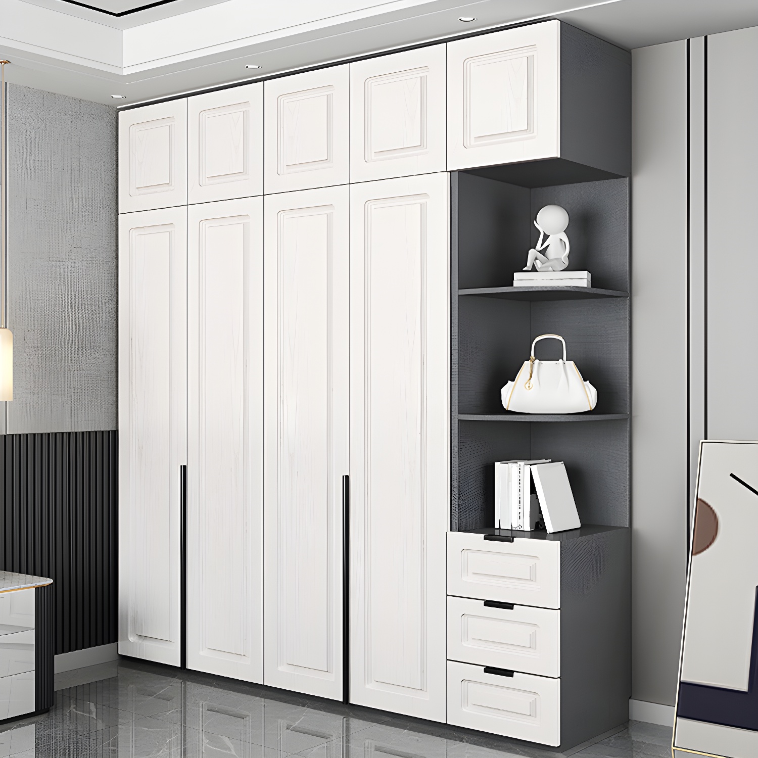 Modern Style Wooden Wardrobe Soft Close Door Wardrobe Closet with Drawer