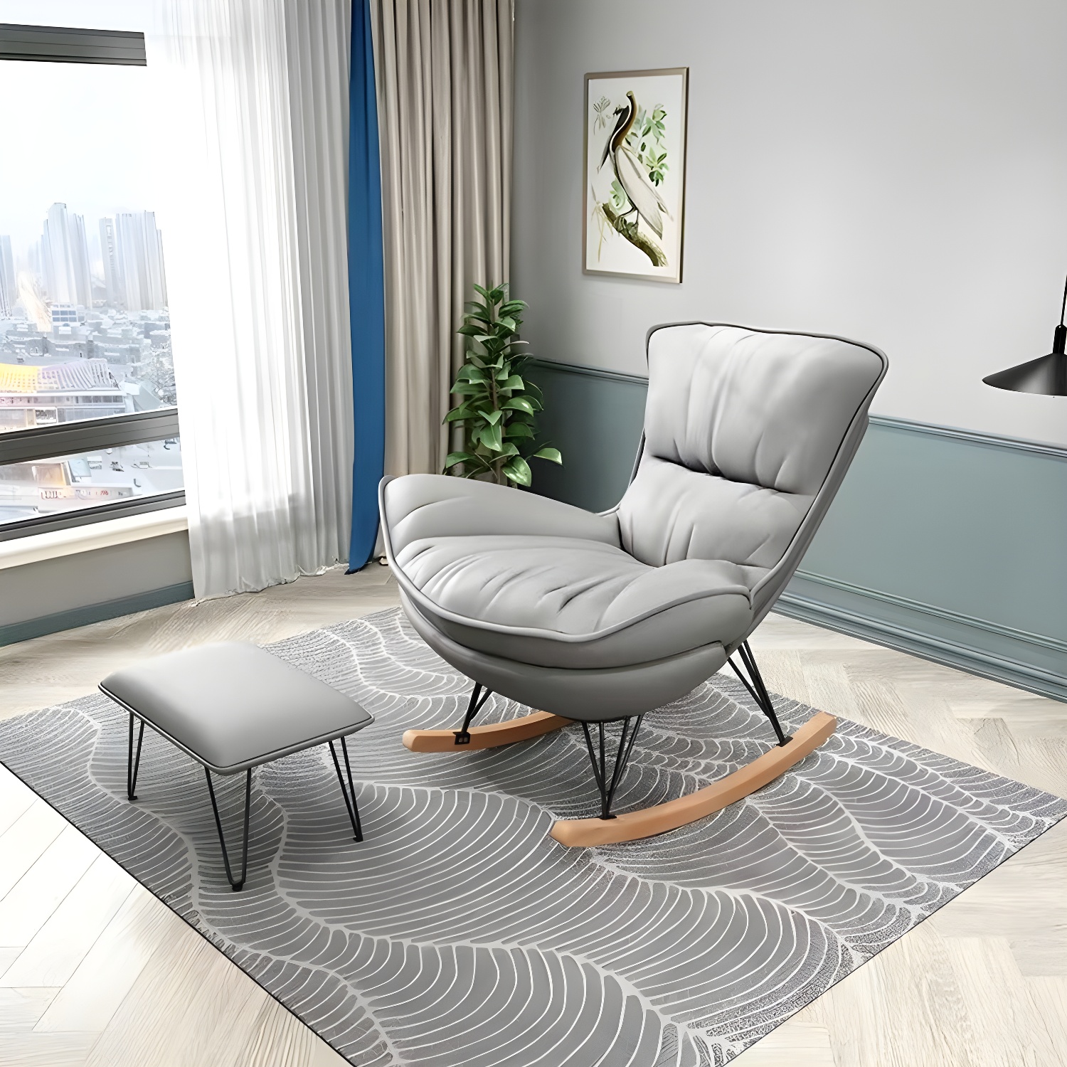 Modern Glider Chair Solid Pure Color Faux Leather Rocker Chair with Ottoman - image 5