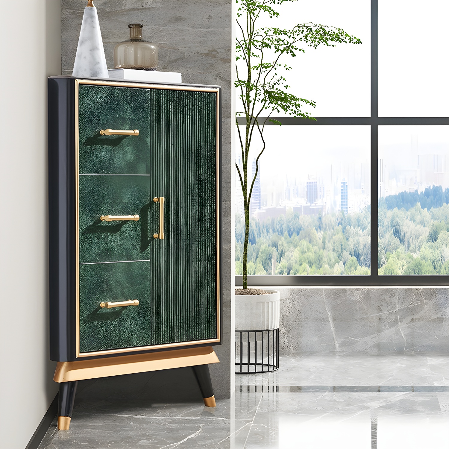 Glam Corner Accent Cabinet with Black Stone Countertop and Wood Base for Small Spaces - image 3