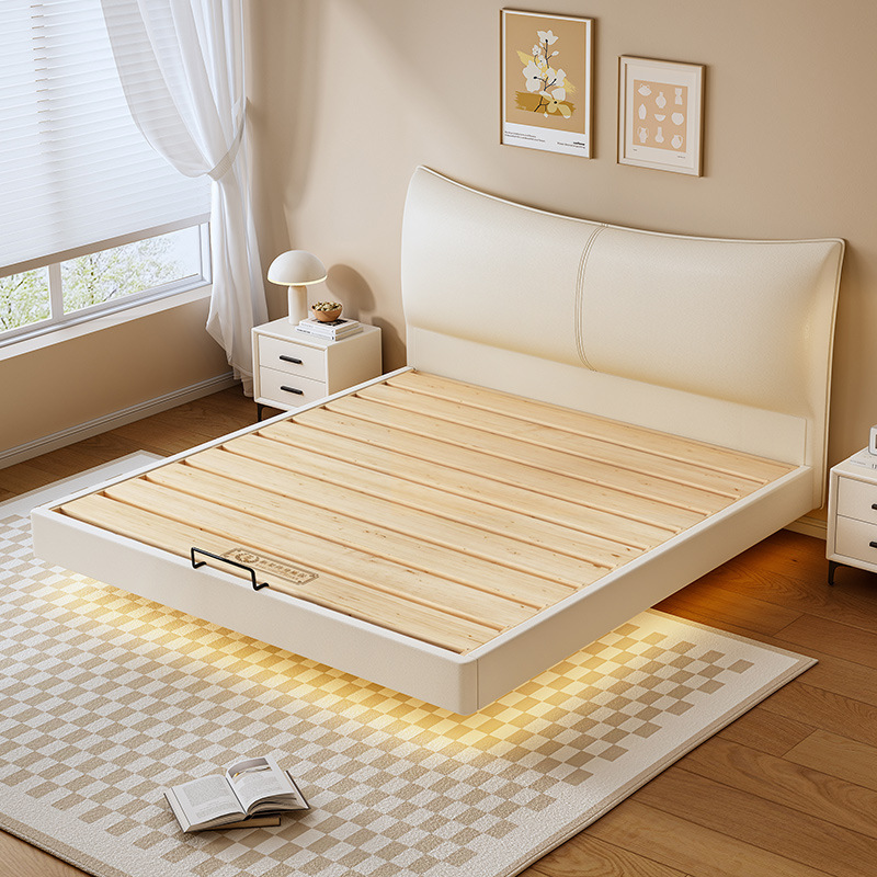 White Contemporary Solid Color Floating Bed with Lumber Slats for Bedroom