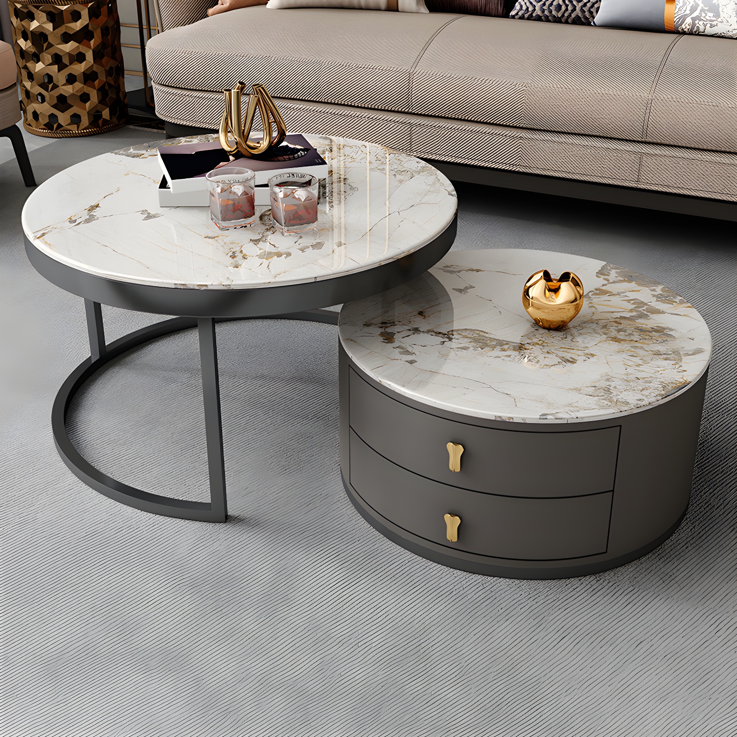 Modern Coffee Cocktail Table Round Nesting Coffee Table Set with Drawer - image 3