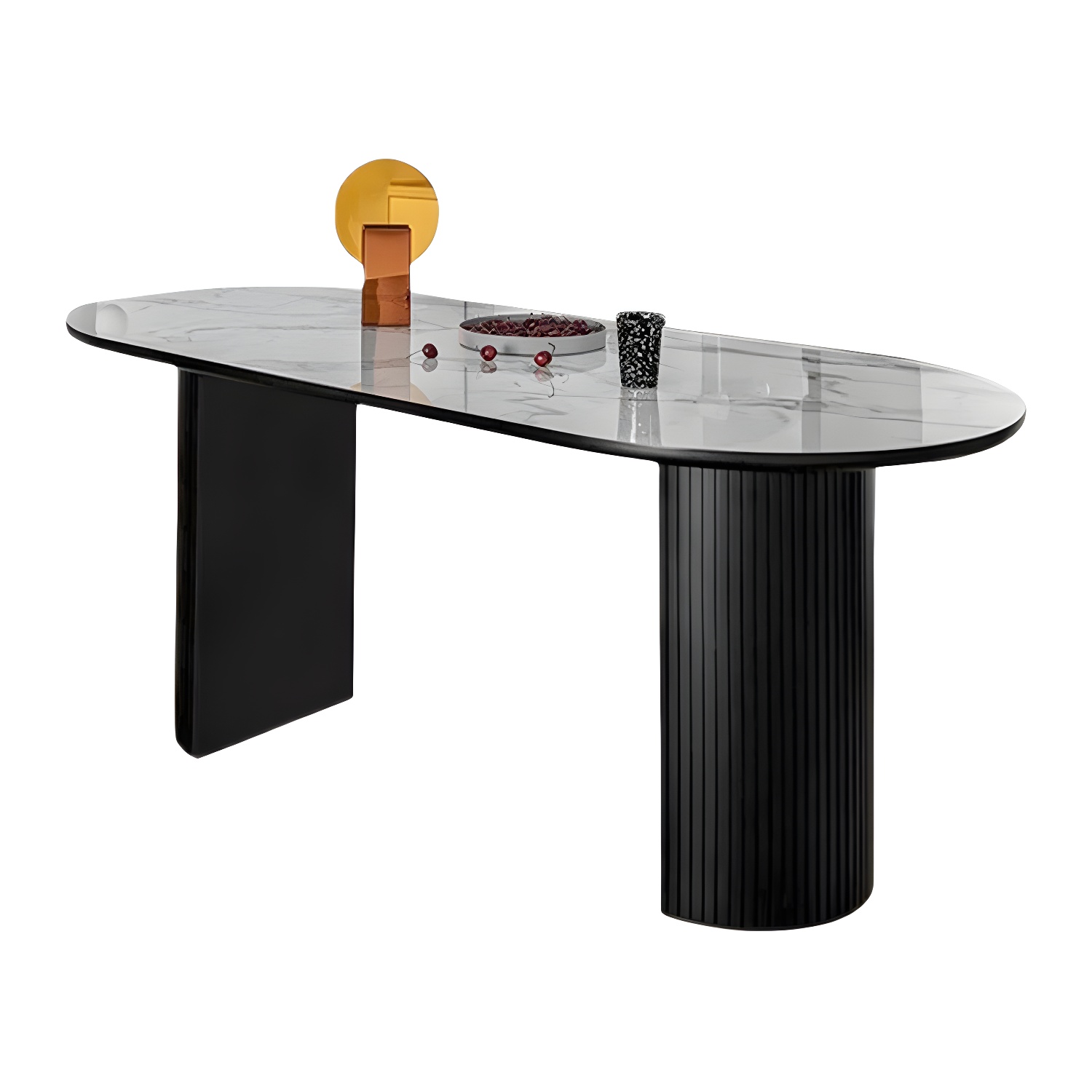Modern Oval Dinette Table Sintered Stone Top Black Steel Double Pedestal Table