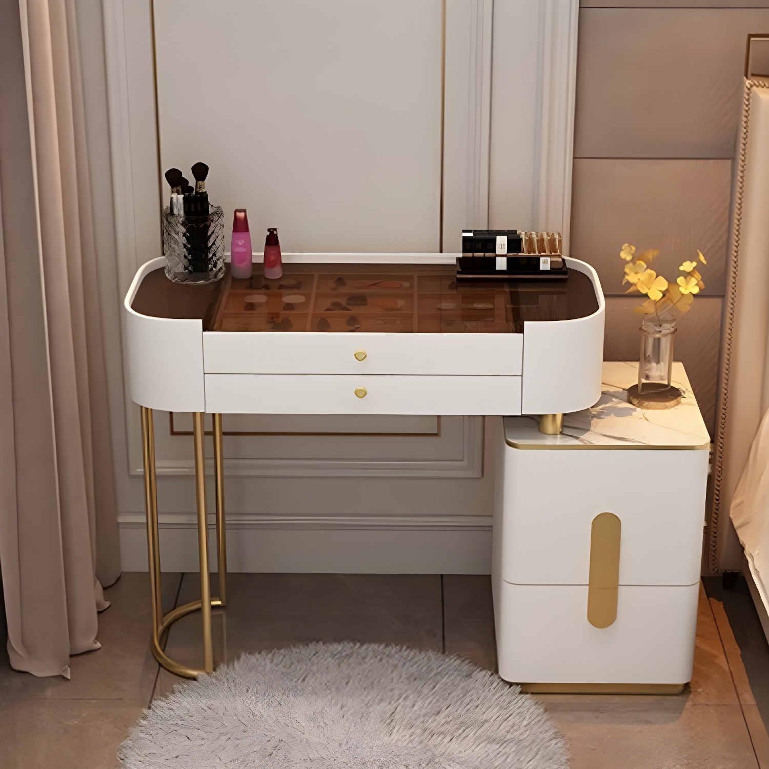 Contemporary Glass Top Vanity Dressing Table With 4/5 Drawers - image 3