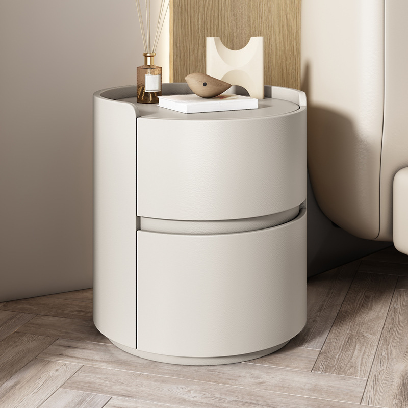 Scandinavian Round Nightstand with 2 Drawers and Synthetic Leather Countertop - image 8