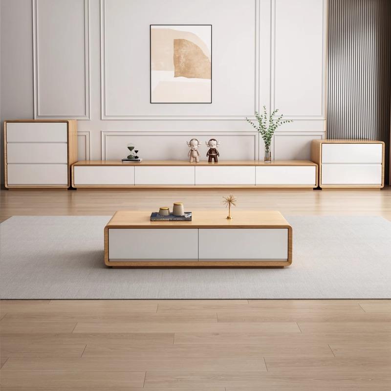 Contemporary Oblong Wood TV Stand in Natural and White with Drawers - image 3