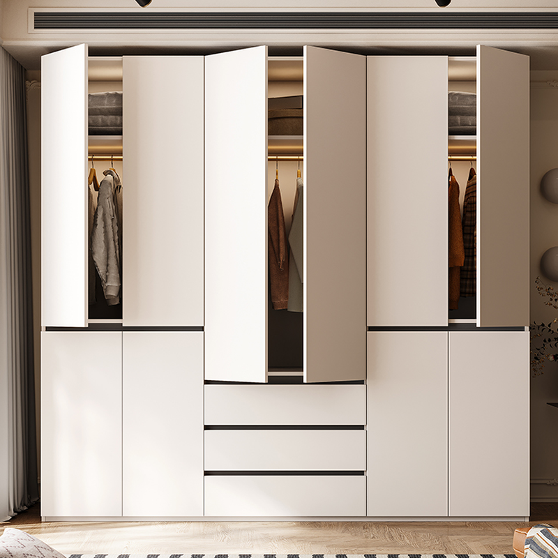 White Minimalist Laminate Independent Wardrobe Closet with Soft Close Drawer, Soft Close Door, and Interior Shelves
