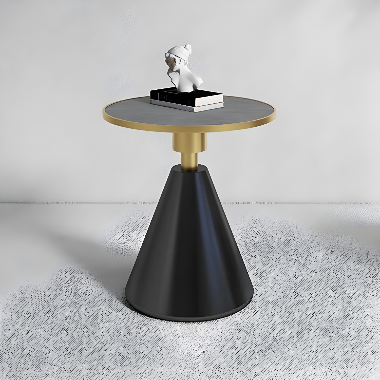 Round Stone Glam Coffee Table with Pedestal Iron Base and Built-in Storage