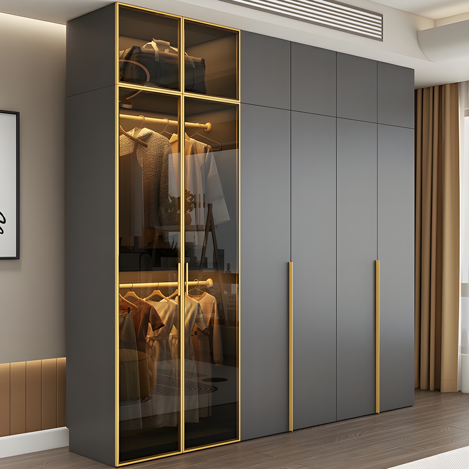 Modern Grey Wood Wardrobe Armoire with Drawers & Adjustable Shelves