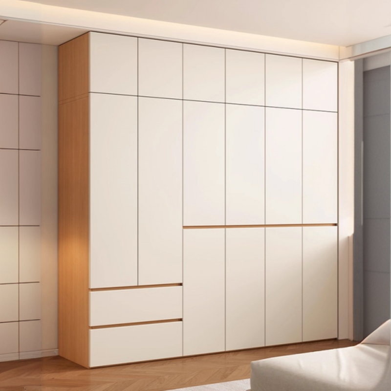 Wood Grain Minimalist Laminate Wardrobe Closet with Soft Close Drawer and Door, Interior Shelves, and Clothing Rod - image 3