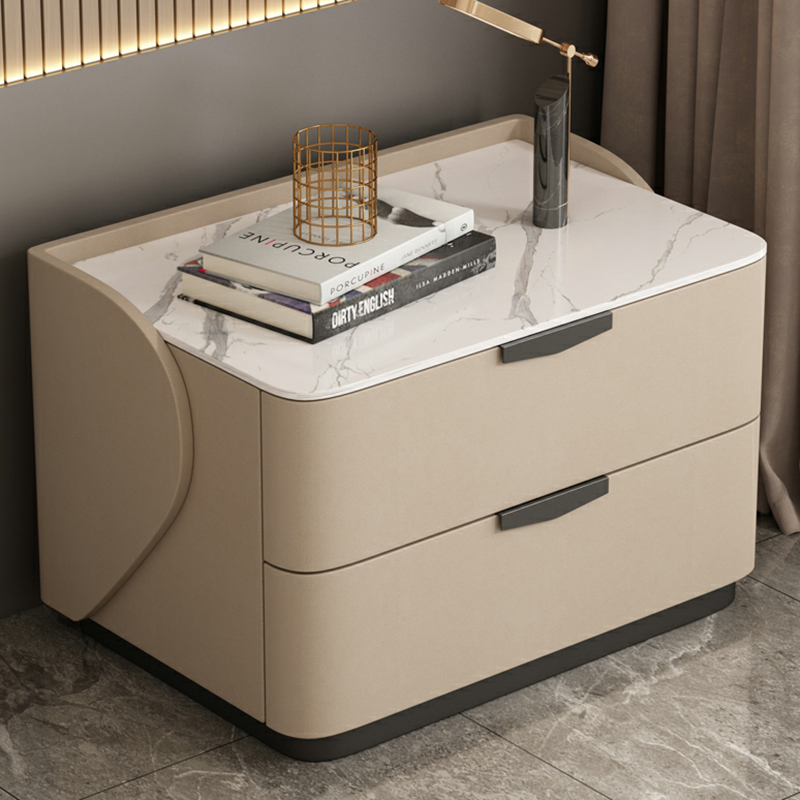 Modern Faux Leather Nightstand with Two Drawers in Light Wood - image 15