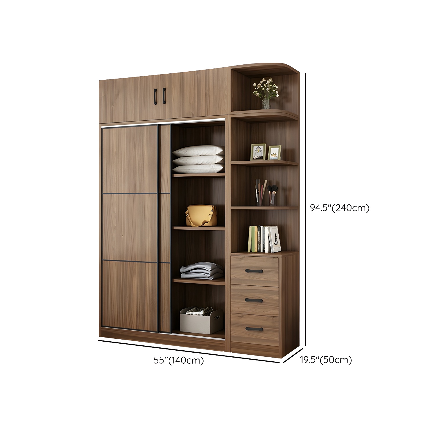Non-Adjustable Traditional Brown Wood Wardrobe Armoire with Sliding Doors & Soft Close Drawers - image 27